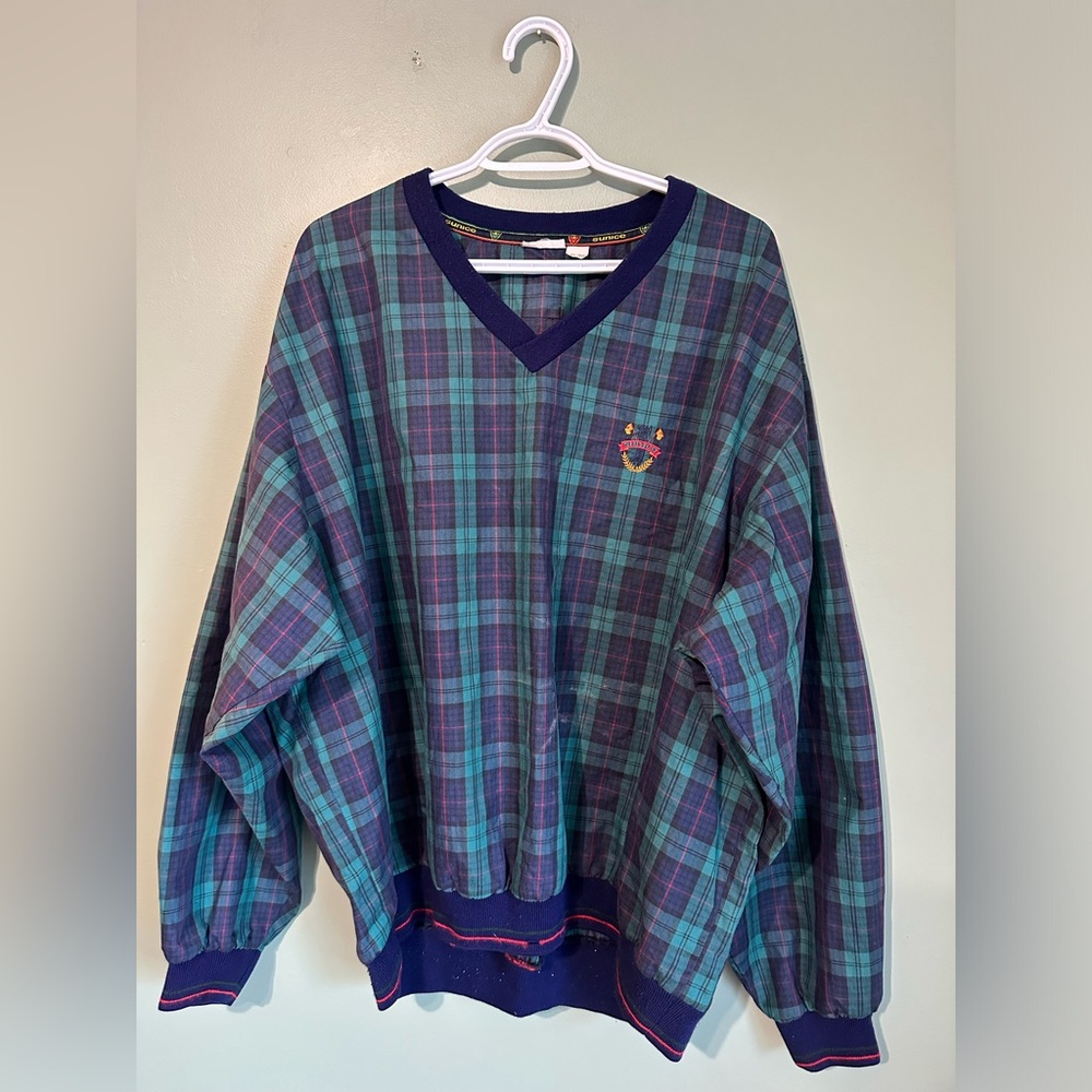 Vintage Sunice Mens V-Neck Checkered Green Golf Windbreaker